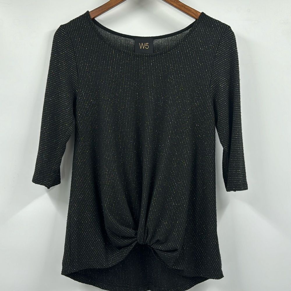 Anthropologie W5 Super Soft Black and Silver Striped Shirt With Bottom Tie Small